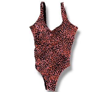 Fabletics Leopard Print Scoop Tie Back Bathing Swim Suit Womens Sz Small Safari